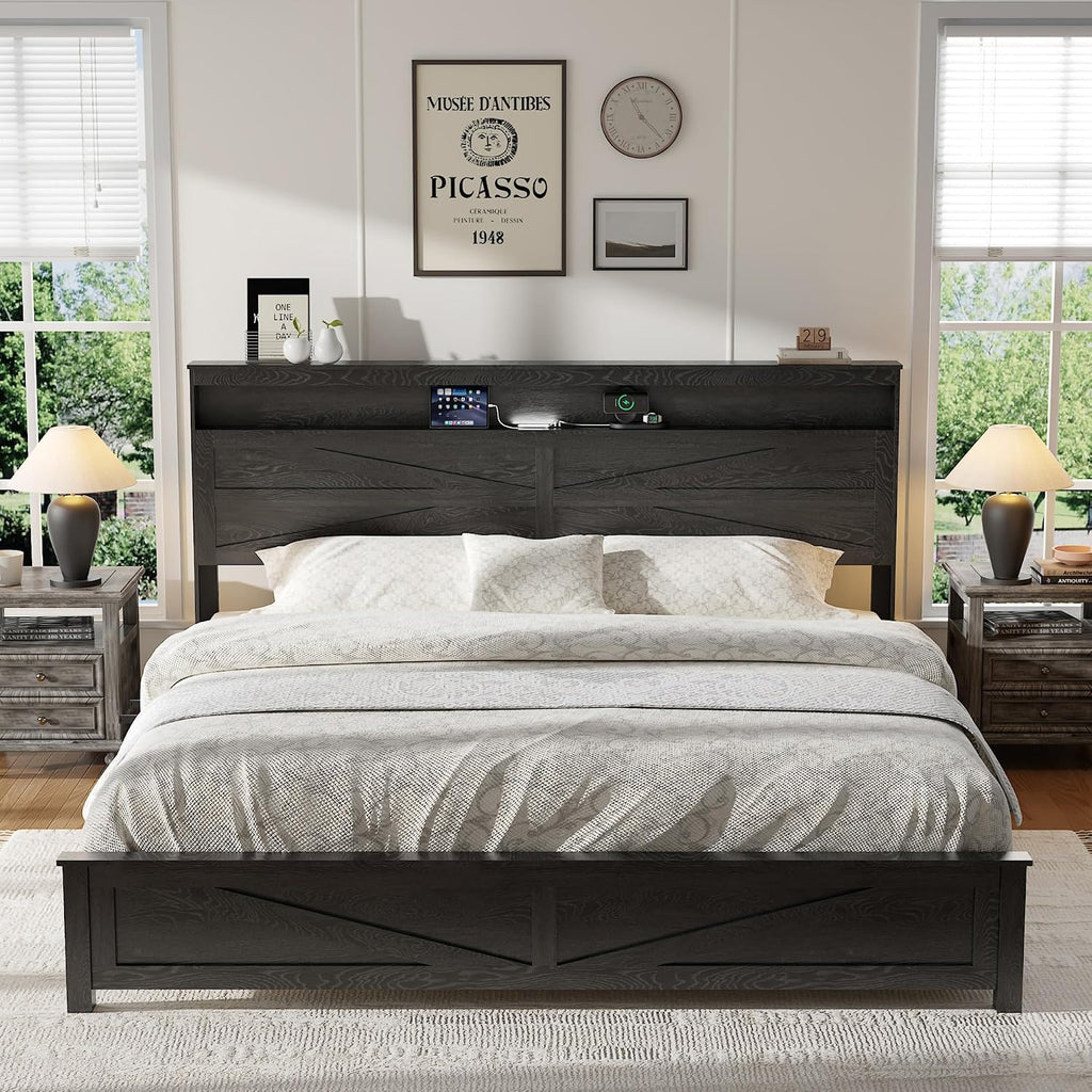 Farmhouse Wooden Bed Frame King Size with Storage Headboard, Boho Platform Bedframe with LED Lights and Charging Station, Metal Slats Support, No Box Spring Needed, Rustic Black