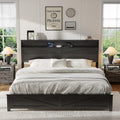 Farmhouse Wooden Bed Frame King Size with Storage Headboard, Boho Platform Bedframe with LED Lights and Charging Station, Metal Slats Support, No Box Spring Needed, Rustic Black