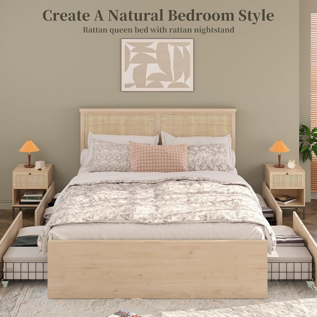 Yechen Full Bed Frame with Natural Rattan Headboard and Wooden 4 Storage Drawers, Light Oak Bedframe Metal Platform with Strong Wooden Slats Support, Bamboo Cane Beds, No Box Spring Needed