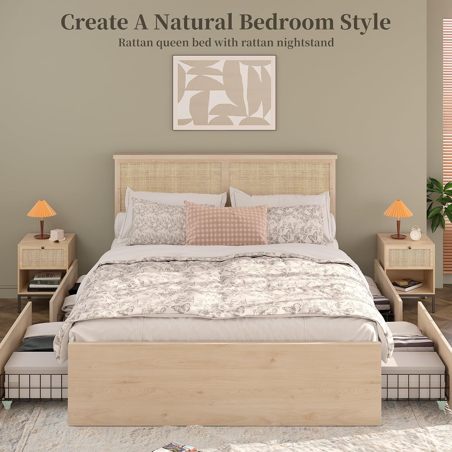 Yechen Full Bed Frame with Natural Rattan Headboard and Wooden 4 Storage Drawers, Light Oak Bedframe Metal Platform with Strong Wooden Slats Support, Bamboo Cane Beds, No Box Spring Needed