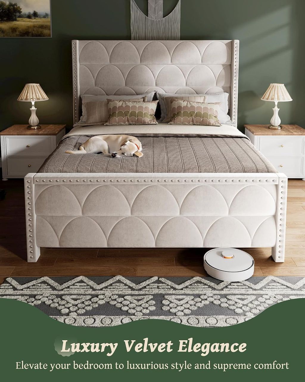 OHOHOLIVE Queen Size Bed Frame with 56' Headboard - 1000LBS Capacity Support, Velvet Upholstered Wingback Platform Bed Frame, Noise Free, Sturdy Wooden Slat Support