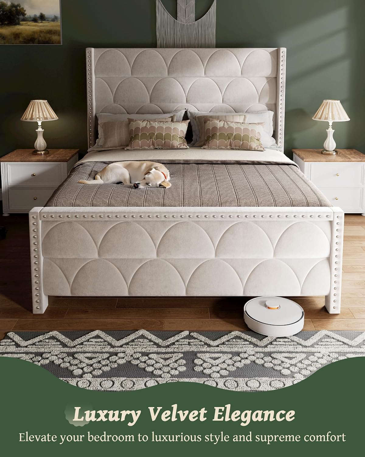 OHOHOLIVE Queen Size Bed Frame with 56' Headboard - 1000LBS Capacity Support, Velvet Upholstered Wingback Platform Bed Frame, Noise Free, Sturdy Wooden Slat Support