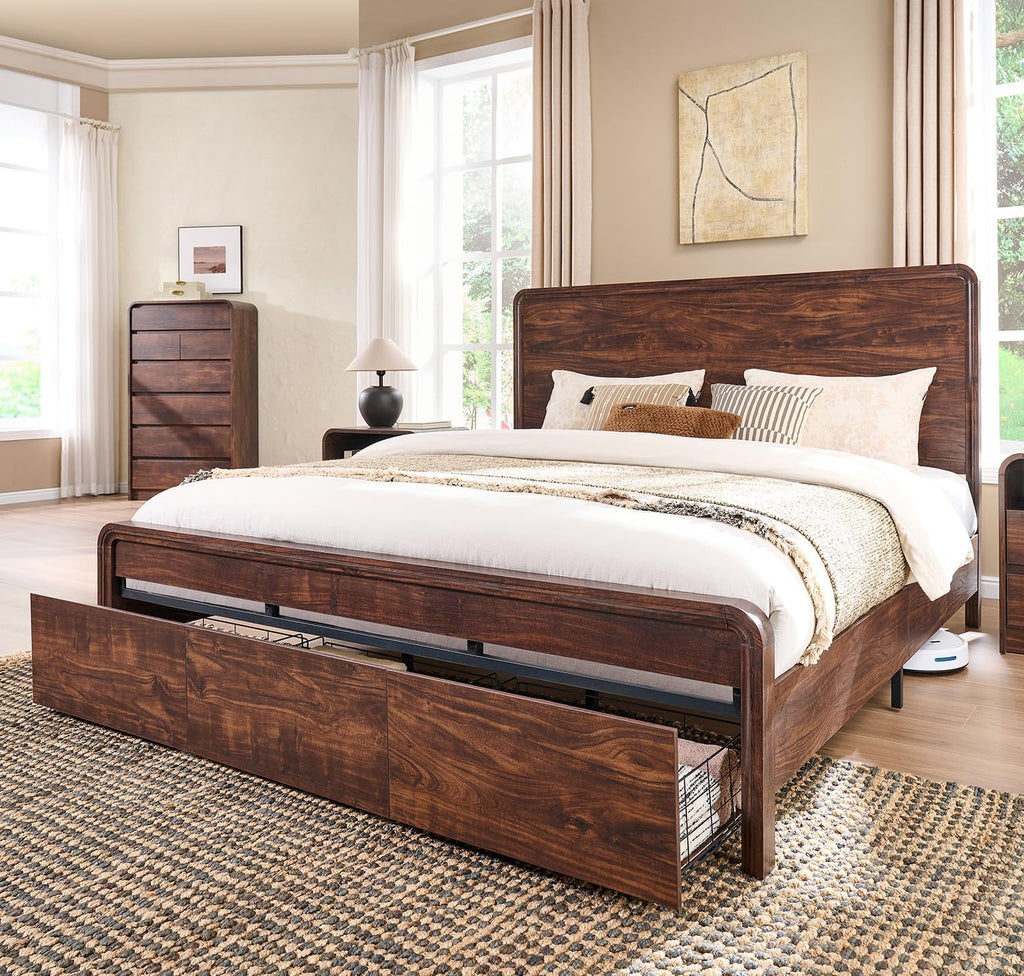 Aitjunz Modern King Size Bed Frame with 50' Tall Headboard, Wood King Size Platform Bed Frame w/3 Storage Drawers, Curved Profile Design, Wood & Steel Platform Bed, No Box Spring Needed, Dark Walnut