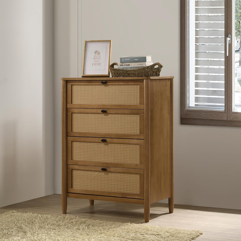 Roundhill Furniture Vichy 6-Piece Rubberwood Bedroom Set with Textured Polyester Upholstered King Bed, Dresser, Mirror, 2 Nightstands, and Chest