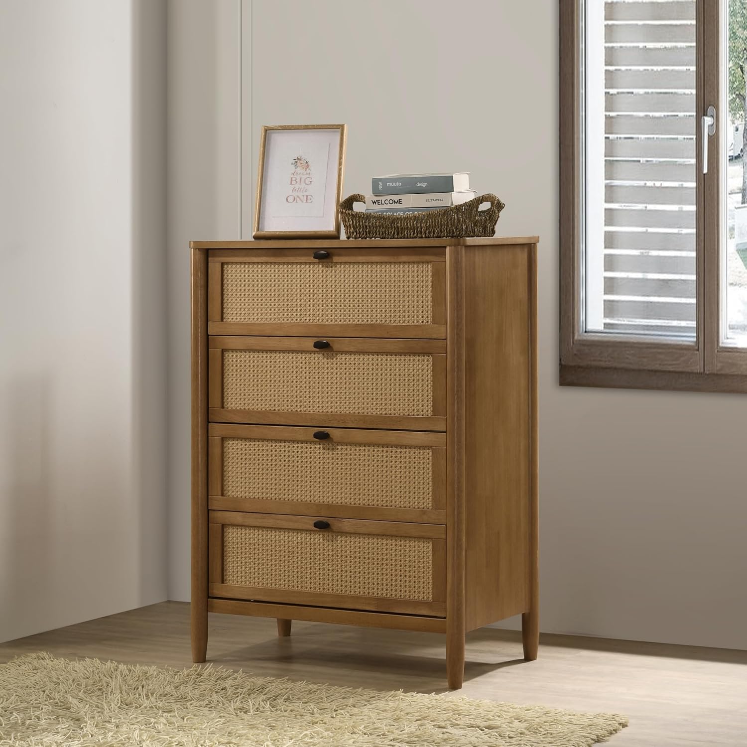 Roundhill Furniture Vichy 6-Piece Rubberwood Bedroom Set with Textured Polyester Upholstered King Bed, Dresser, Mirror, 2 Nightstands, and Chest