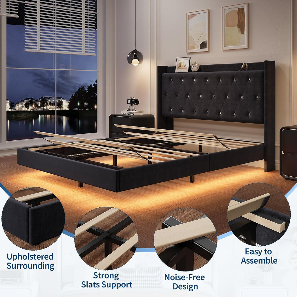 IDEALHOUSE Full Size Bed Frame with LED Lights, Floating Platform Bed with Velvet Upholstered Storage Headboard, No Box Spring Needed, Noise Free, Easy Assembly