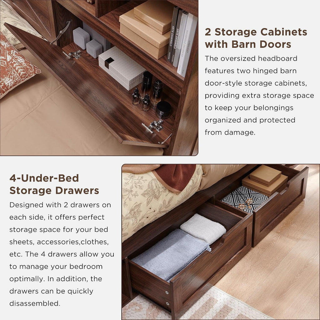 ACCOHOHO Farmhouse Full Size Bed Frame with 52' Tall Storage Headboard and LED Light,Wood Platform Bed Frame with 4 Drawers and Charging Station,Solid Wood Slats Support,No Box Spring Needed,Brown