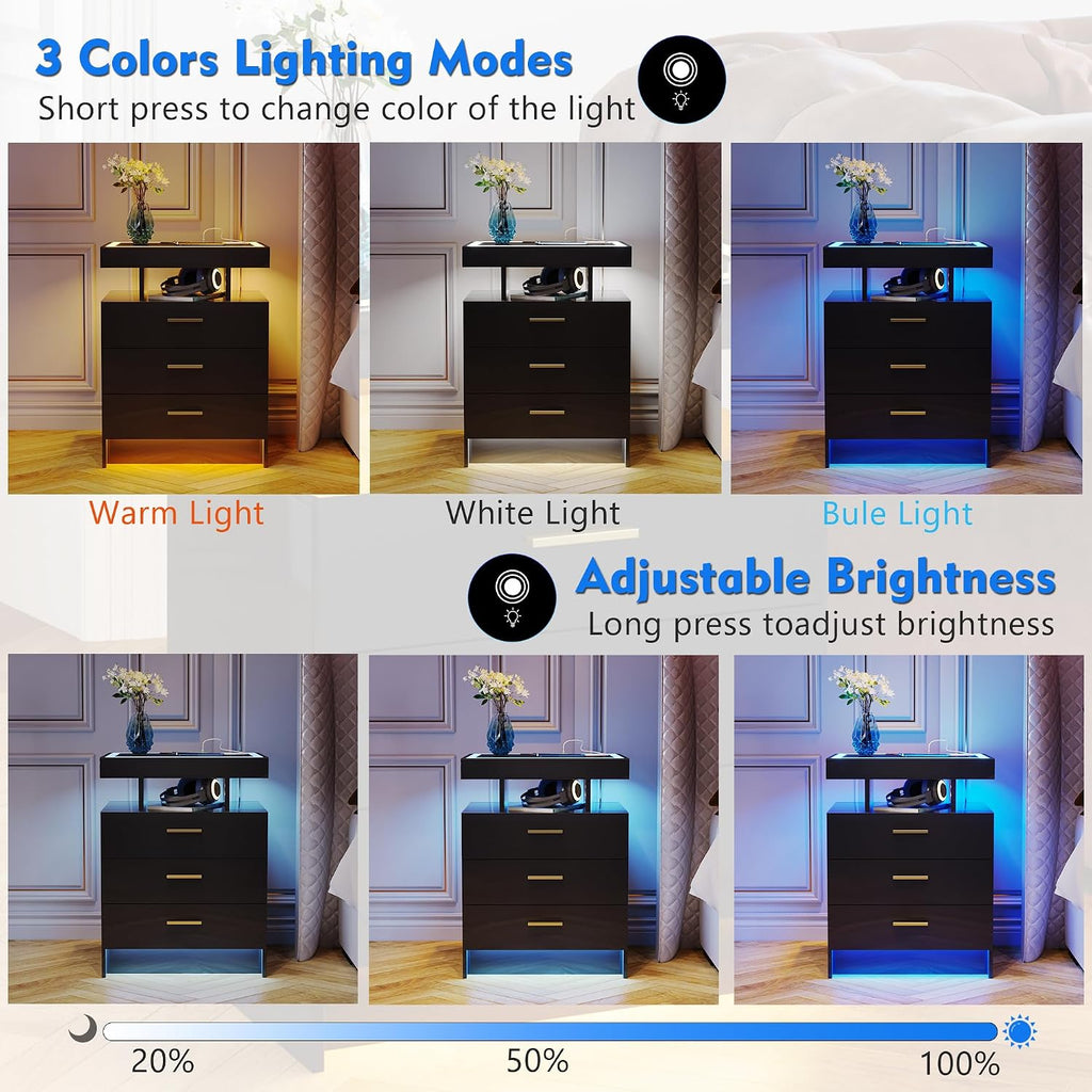 Lvifur LED Nightstand with Wireless Charging Station, Auto Sensor 3 Color Dimmable Night Stand, Modern Bedside Table with 3 Drawers & 3 Open Compartments for Bedroom, Black