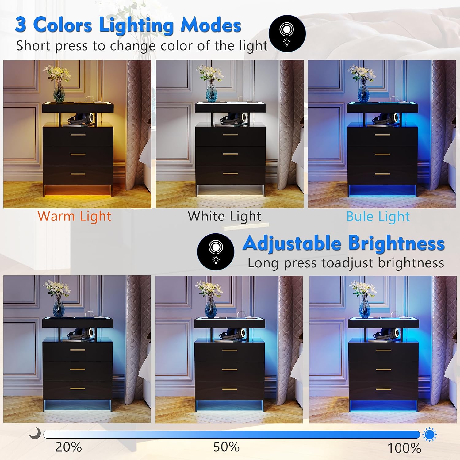 Lvifur LED Nightstand with Wireless Charging Station, Auto Sensor 3 Color Dimmable Night Stand, Modern Bedside Table with 3 Drawers & 3 Open Compartments for Bedroom, Black