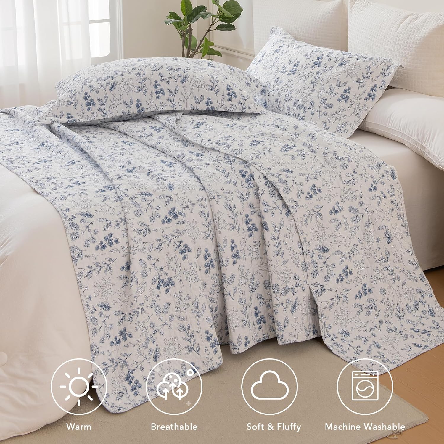 Lady Ann Oversized Queen Quilt Set, Blue and White Floral & Leaves Pattern Plant Botanical Printed Quilted 102x118 Bedspread Set, Vintage Coverlet Ultra Soft Cotton Coverlet with Pillow Shams, 3 PCS