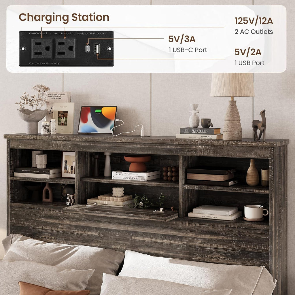 Farmhouse 4-Pieces Bedroom Sets, Queen Size Platform Bed with 2 Nightstands and 5-Drawer Storage, Wooden Bed Frame with Storage Headboard and Charging Station (Antique Gray-7.17)