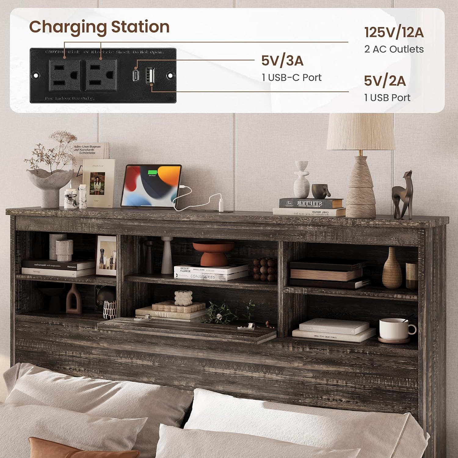 Farmhouse 4-Pieces Bedroom Sets, Queen Size Platform Bed with 2 Nightstands and 5-Drawer Storage, Wooden Bed Frame with Storage Headboard and Charging Station (Antique Gray-7.17)