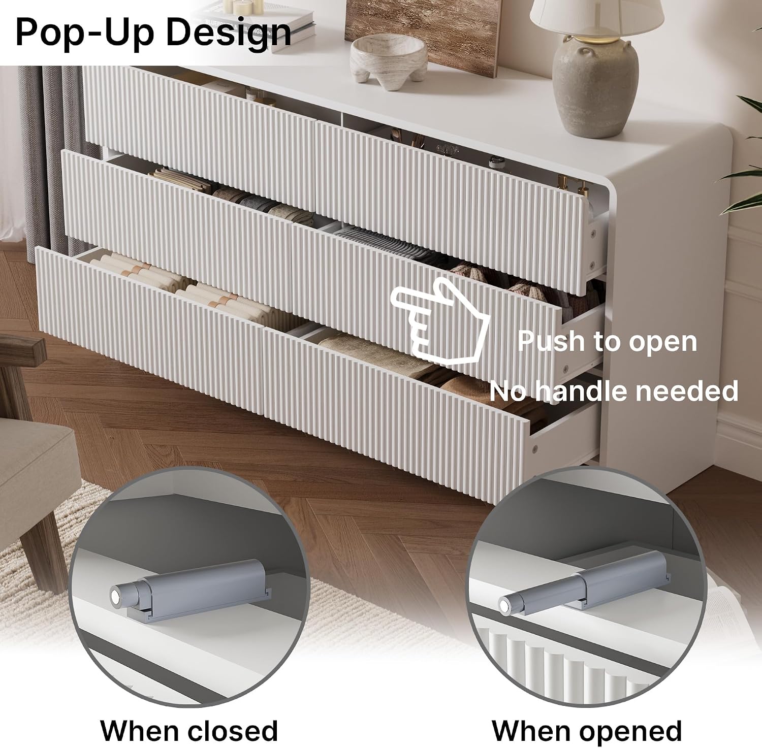 MAISONARIA 3-Piece Curved Dresser Bedroom Set, 6 Drawer Dresser & 2 Drawer Nightstands with Pop-up Design, Fluted Wood Chest of Drawers for Bedroom, Living Room, Entryway, White