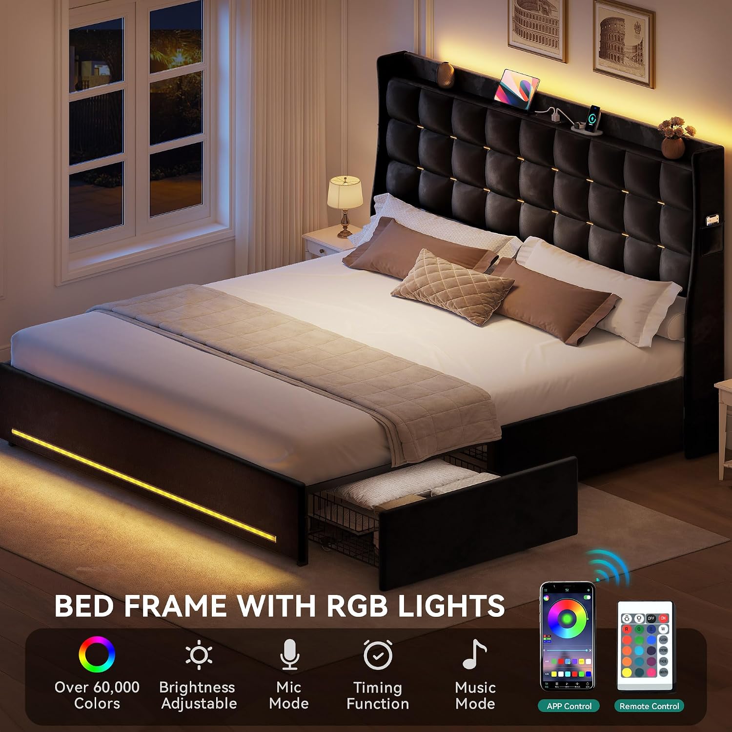 DWVO Queen Size Bed Frame with 4 Drawers and RGB LED Lights, Velvet Upholstered Platform Bed with Charging Station and Storage Headboard, No Box Spring Needed, Easy Assembly, Noise-Free, Black