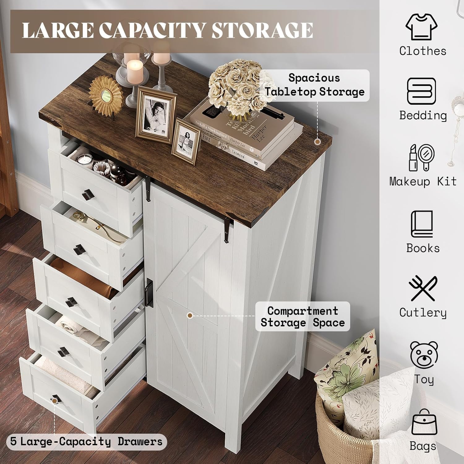 AMERLIFE 2PCS Farmhouse Dresser Set with Sliding Barn Doors, 47' Wide 4-Drawer Dresser & 5-Drawer Tall Chest of Drawers, Bedroom Storage Organizer, Distressed White
