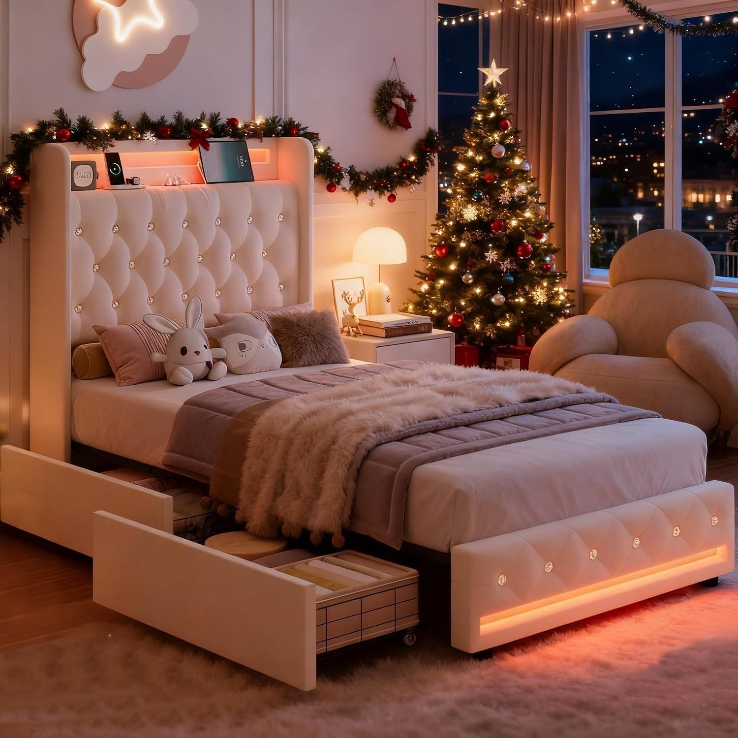 HIFIT Upholstered Twin LED Bed Frame with Charging Station Headboard & 2 Storage Drawer, Velvet Crystal Button-Tufted Princess Twin Size Platform Bed Frames for Girls, No Box Spring Needed, Beige