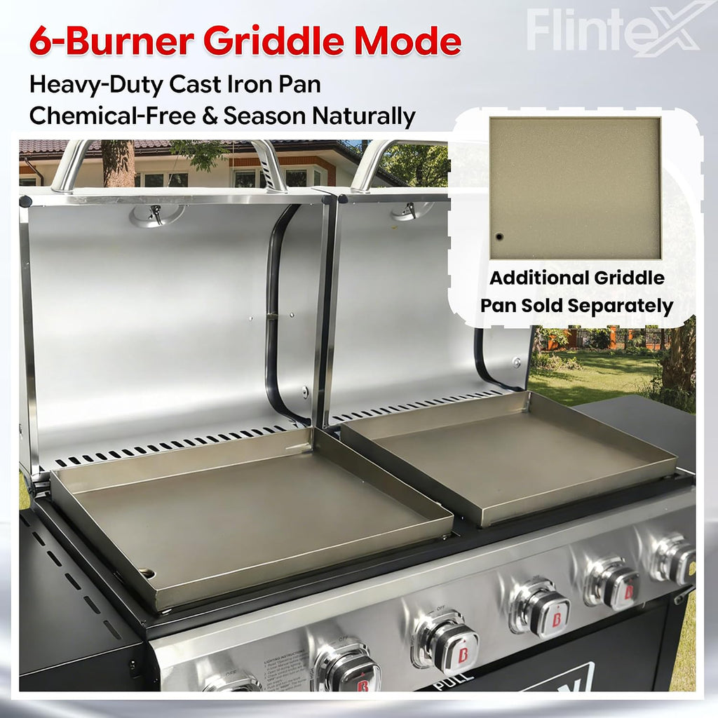 Flintex 6 Burner Propane Gas Grill Griddle Combo with Porcelain-Enameled Cast Iron Grates & Cast Iron Pan, Dual Outdoor BBQ Grill With Flat Top Griddle for Backyard Barbecue, 610 sq.in.