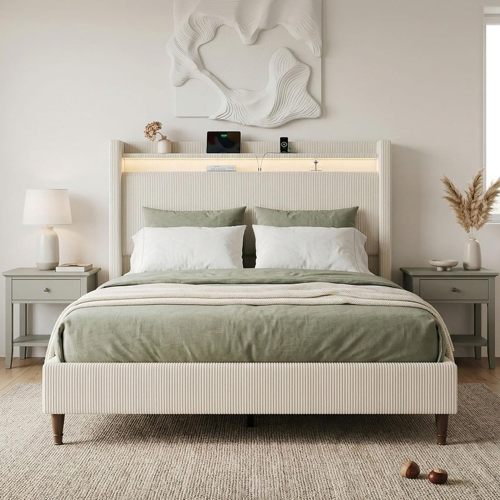 King Size Bed Frame with Tall Headboard, 55.3' Upholstered Platform King Bed Frame, Elegant Corduroy Wingback Bed with LED Lights & Charging Station, No Box Spring Needed, Solid Wood Slats, Cream