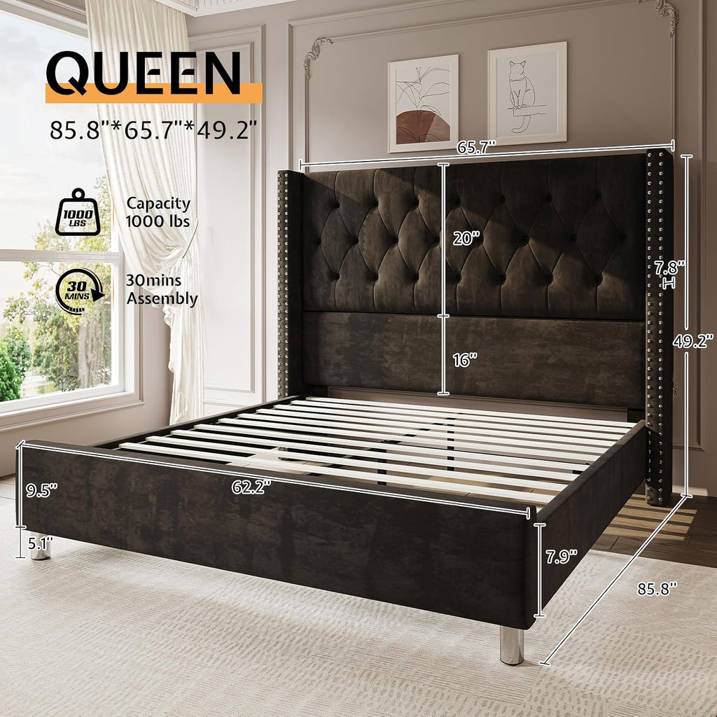 Jocisland Queen Bed Frame Upholstered Bed Wingback Headboard Velvet Tufted Diamond Button/No Box Spring Needed/Easy Assembly/Black
