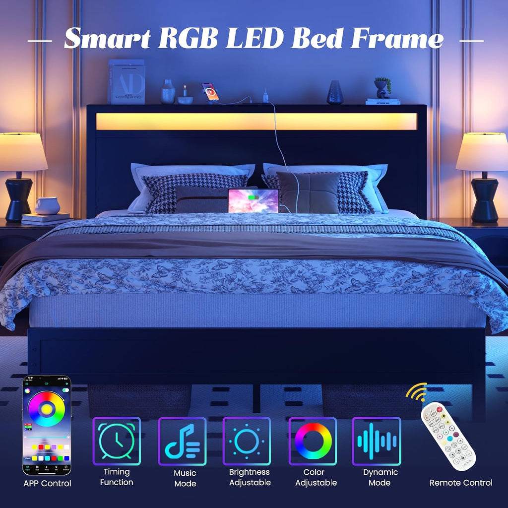 Fluest Queen Bed Frame with Headboard & Footboard, Bed Frame with Built-in Charging Station & LED Light, Storage Shelf, Noise-Free, No Box Spring Needed, Easy Assembly, Classic Black