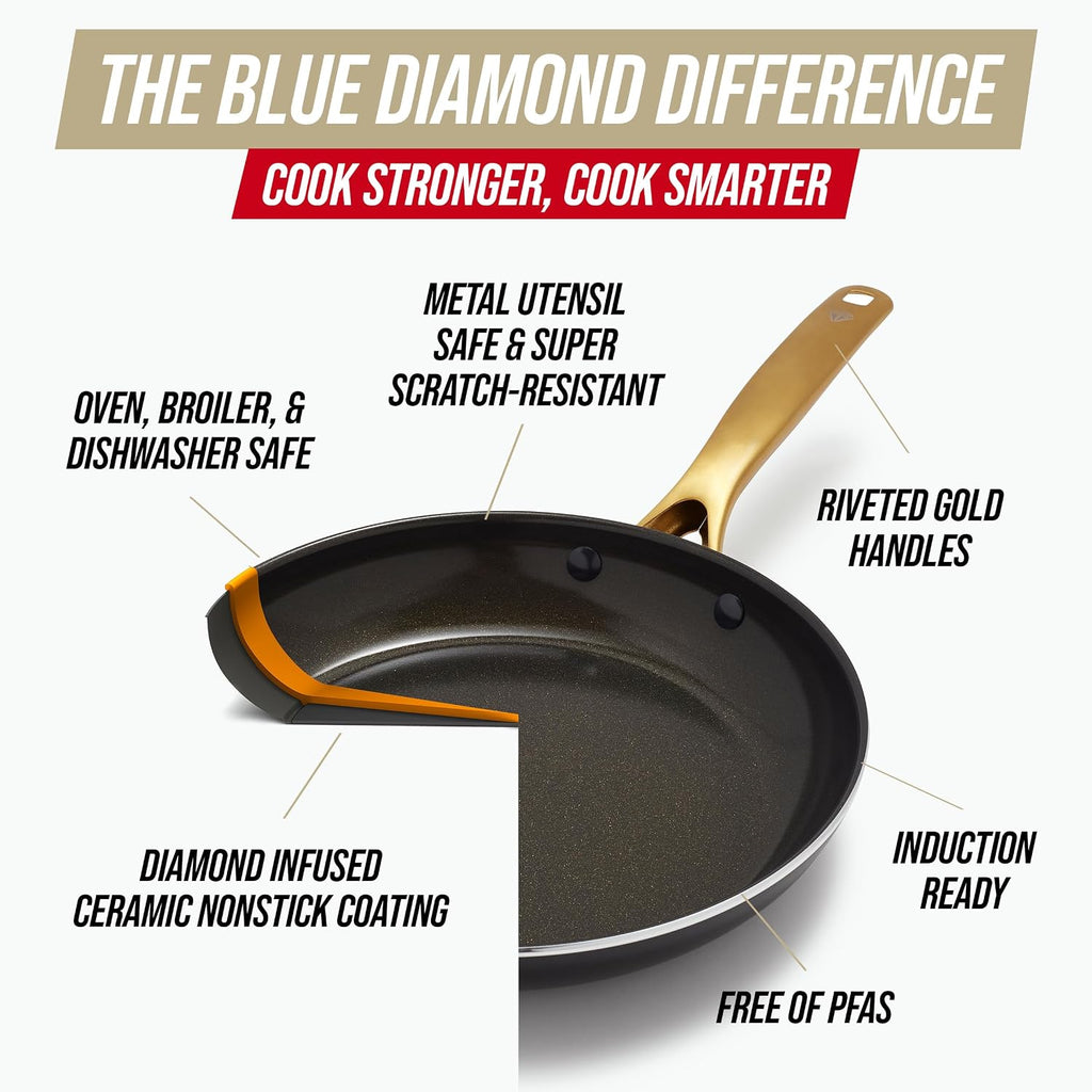 Blue Diamond 14 Piece Induction Nonstick Cookware Set, Diamond Infused PFAS-Free Ceramic Nonstick Pots & Pans, Durable Metal Utensil Safe, Dishwasher Safe, Oven & Broiler to 600F, Black/Gold