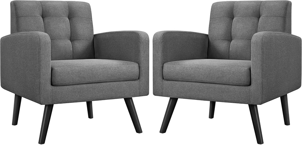 Yaheetech Mid-Century Accent Chairs, Modern Upholstered Living Room Chair, Cozy Armchair Button Tufted Back and Wood Legs for Bedroom/Office/Cafe, Set of 2, Gray