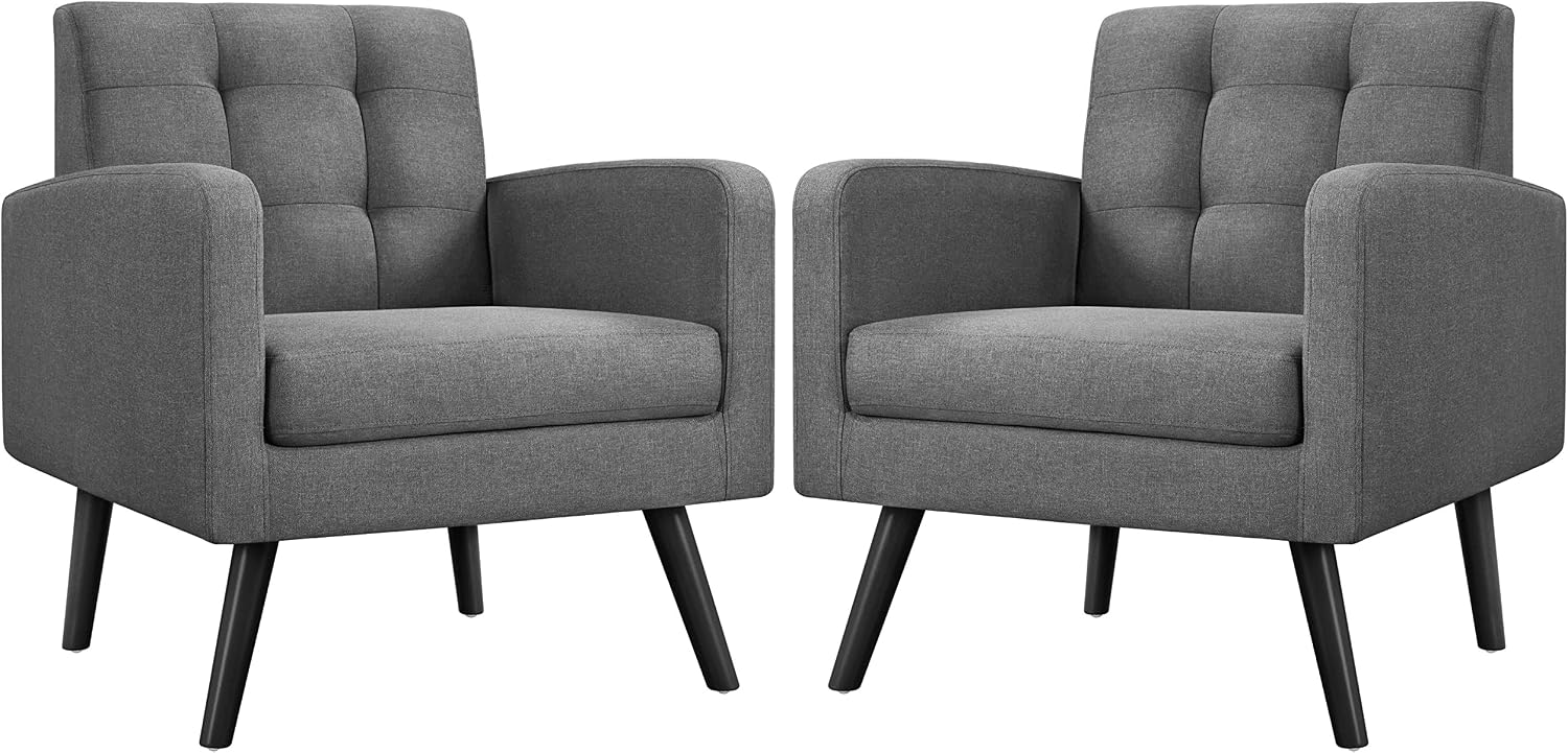Yaheetech Mid-Century Accent Chairs, Modern Upholstered Living Room Chair, Cozy Armchair Button Tufted Back and Wood Legs for Bedroom/Office/Cafe, Set of 2, Gray