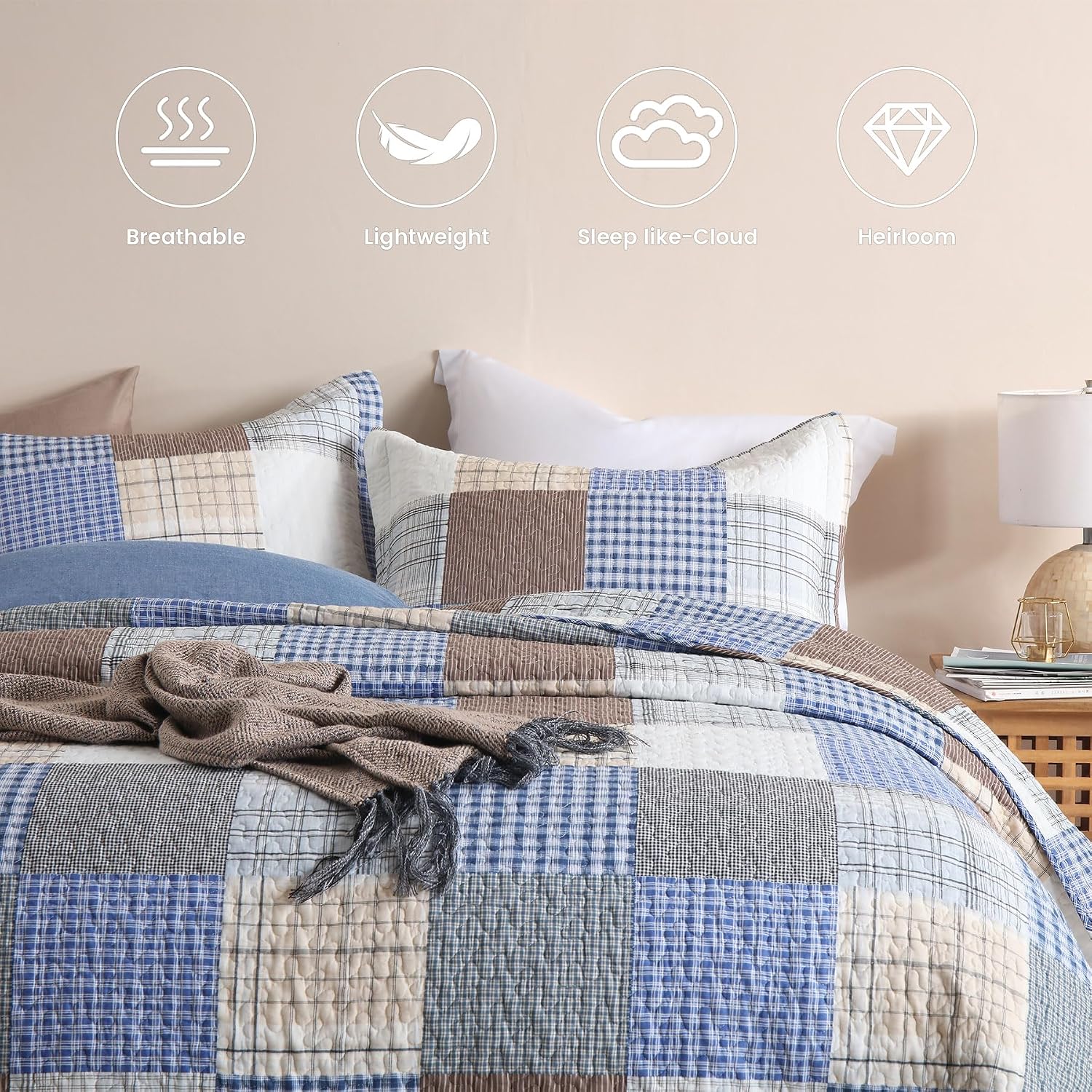 Secgo Queen Comforter Set for Bed - 100% Cotton Quilts Queen Size, Bule, Plaid Bedspreads (90 * 98 Inch) with 2 Pillow Shams, Patchwork Reversible Lightweight Bedding
