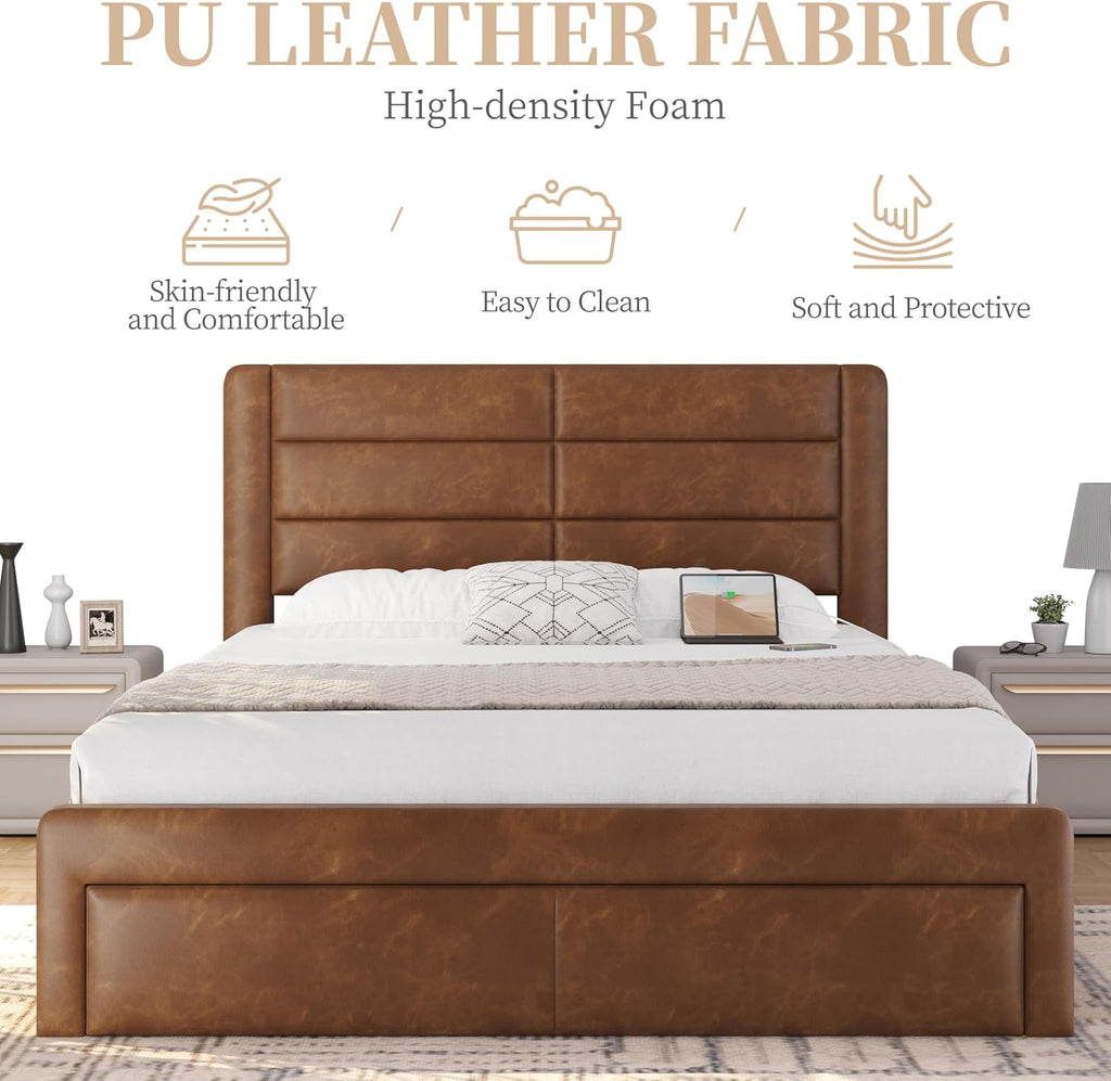 Yaheetech Queen Bed Frame with 2 USB Charging Stations/Port for Type A&Type C/3 Storage Drawers,Leather Upholstered Platform Bed with Headboard/Solid Wood Slat Support/No Box Spring Needed/Amber Brown