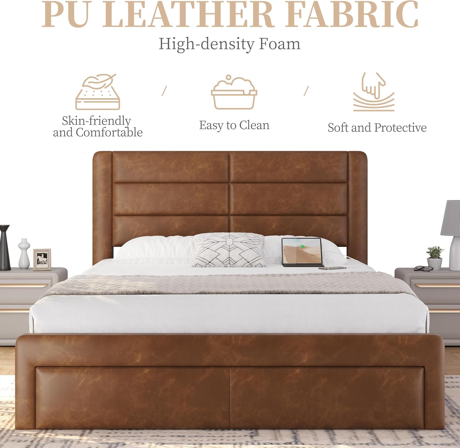 Yaheetech Queen Bed Frame with 2 USB Charging Stations/Port for Type A&Type C/3 Storage Drawers,Leather Upholstered Platform Bed with Headboard/Solid Wood Slat Support/No Box Spring Needed/Amber Brown