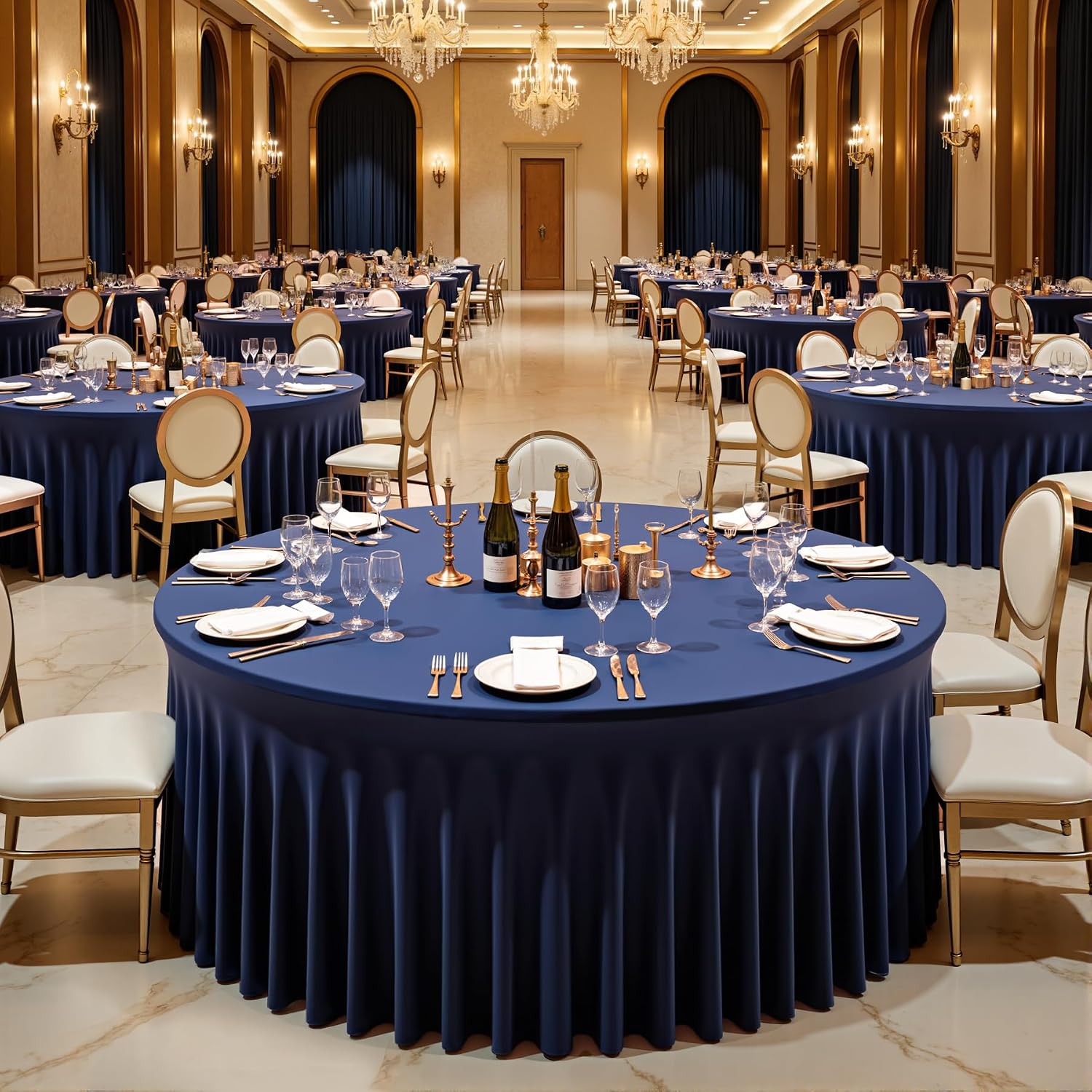 6 pk Navy Blue Round Spandex Tablecloths 60 in with Ruffled Skirt,Wrinkle Free High-Stretch 120 inch Table Cloth Round Fitted 5ft Tables,Spandex Table Covers 5ft for Forest Party Wedding Banquet