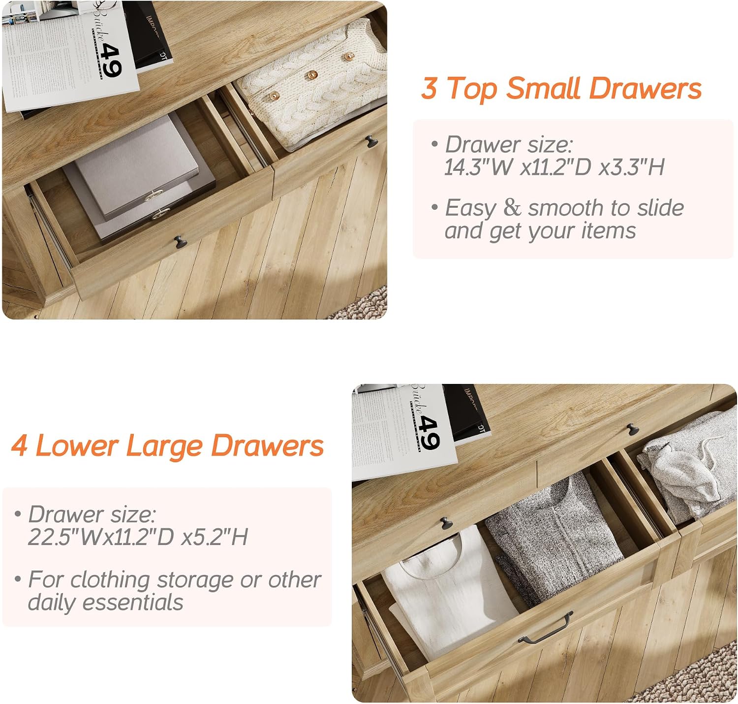 WAMPAT 2 Piece Bedroom Set - Includes 7 Drawer Dresser for Bedroom, Light Wooden Night Stand with Charging Station & Drawers, 2 Piece Dresser and Nightstand Sets, Oak