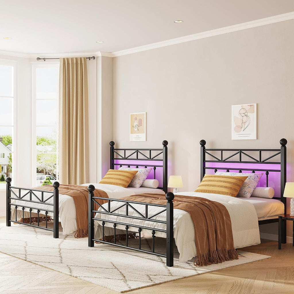 EnHomee 14.2' Metal Twin Bed Frames with Tall Headboard & Footboard, LED Light Twin Bed Frame, Strong Metal Slats Support and Noise-Free Design with Under Bed Storage/No Box Spring Needed/Black