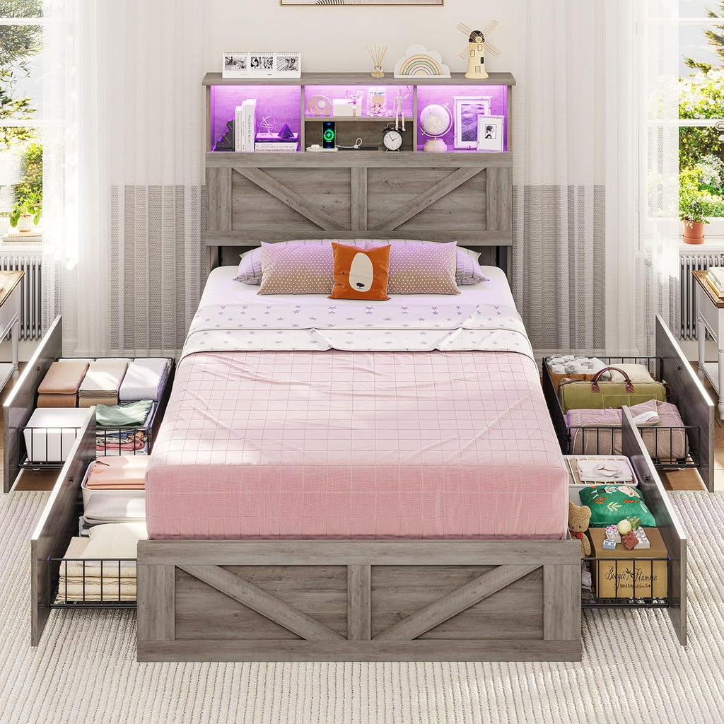 VIAGDO Farmhouse Bed Frame Twin Size with Bookcase Storage Headboard, Charging Station and LED Lights, Wooden Twin Bed Frames with 4 Drawers, Barn Door Design, No Box Spring Needed, No Noise, Grey