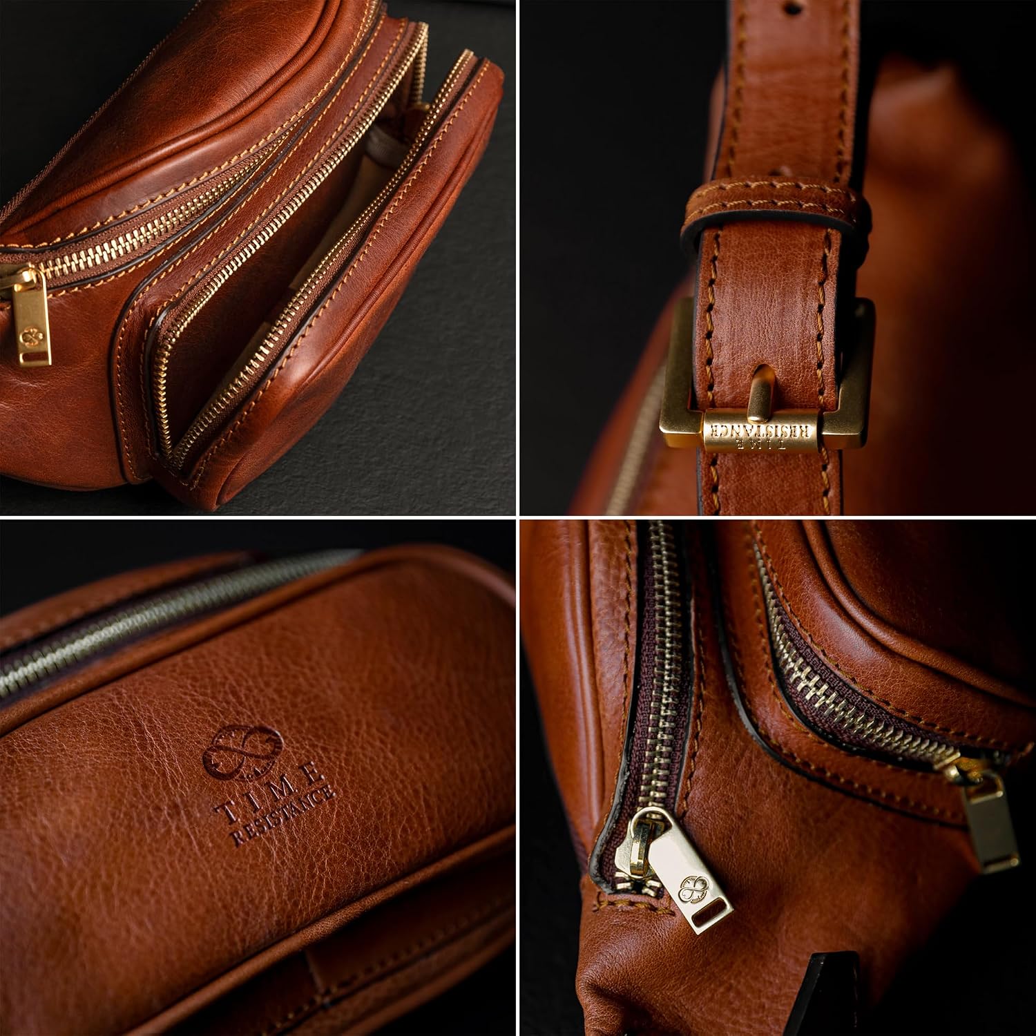 Time Resistance Leather Waist Pack - Belly Bag, Belt Bag, Fanny Pack - Handmade in Italy (Cognac Brown)