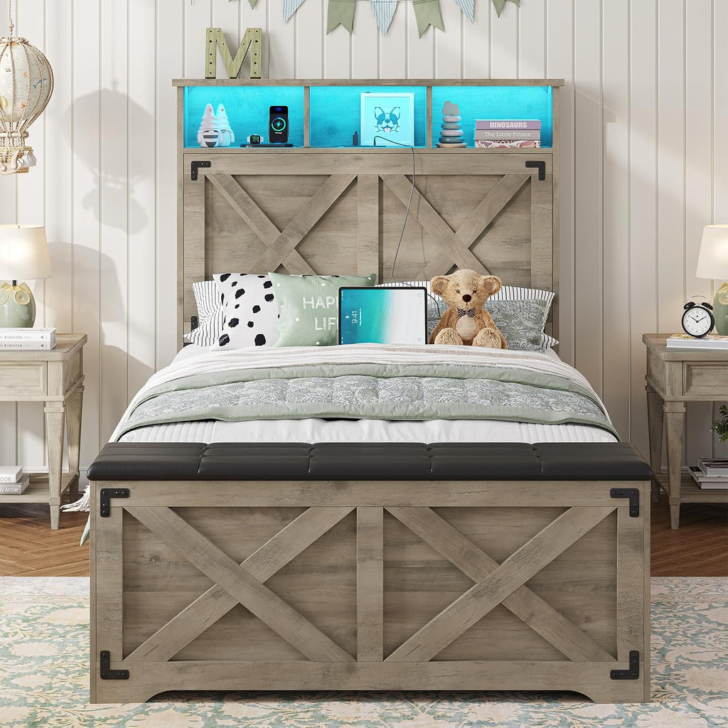 DICTAC Farmhouse Twin Bed Frame with Storage Headboard and Charging Station Wood Platform Bed Frame Twin Size with Storage Ottoman and Led Lights,Twin Size Bed for Kids,Metal Slats Support,Oak Gray