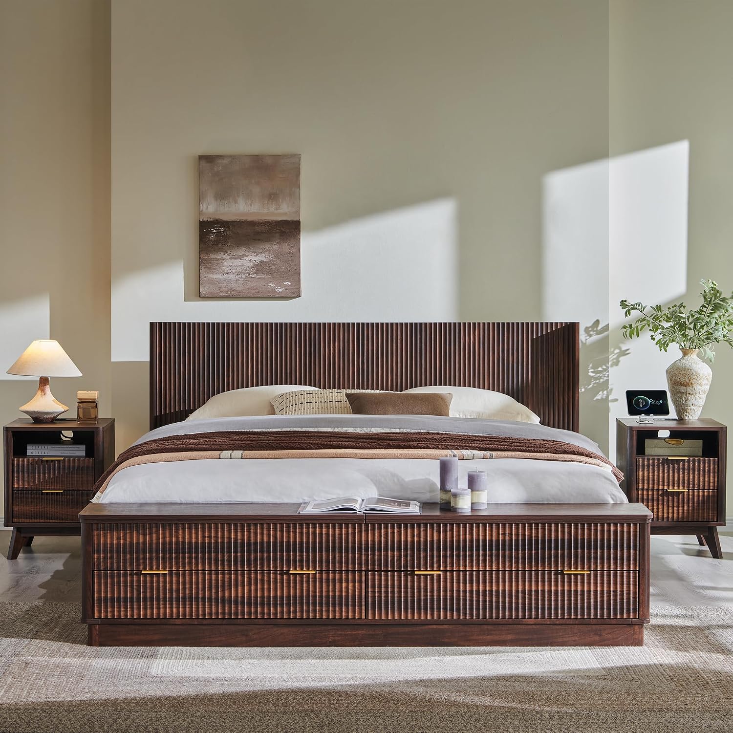 T4TREAM Fluted King Size Bed Frame with Wingback Headboard, Footboard Storage Bench with Built-in Drawers & Lift-Up Compartments, Wood & Steel Platform Bed, No Box Spring Needed, Dark Walnut