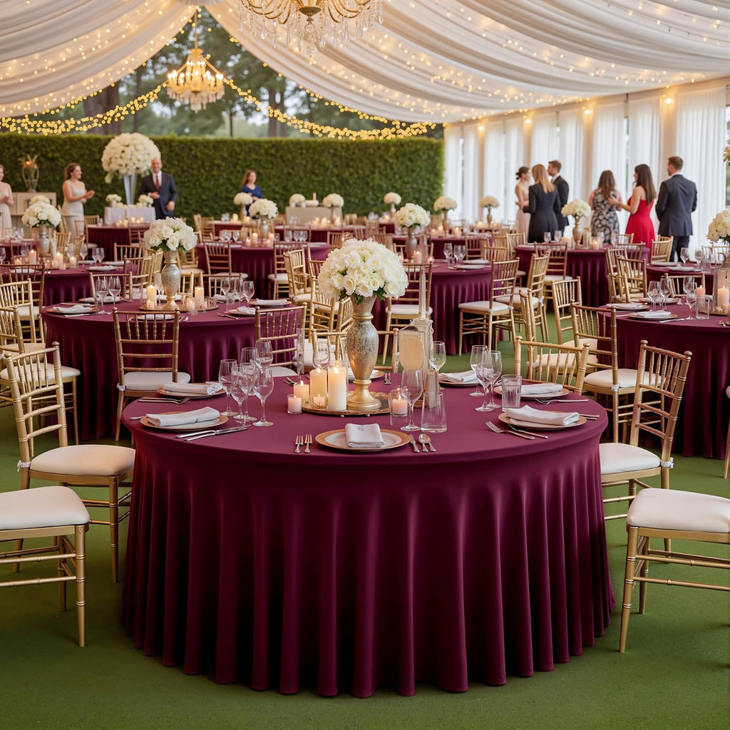 6 pk Burgundy Round Spandex Tablecloths 60 in with Ruffled Skirt,Wrinkle Free High-Stretch 120 inch Table Cloth Round Fitted 5ft Tables Maroon Spandex Table Covers 5ft for Wedding Banquet Party
