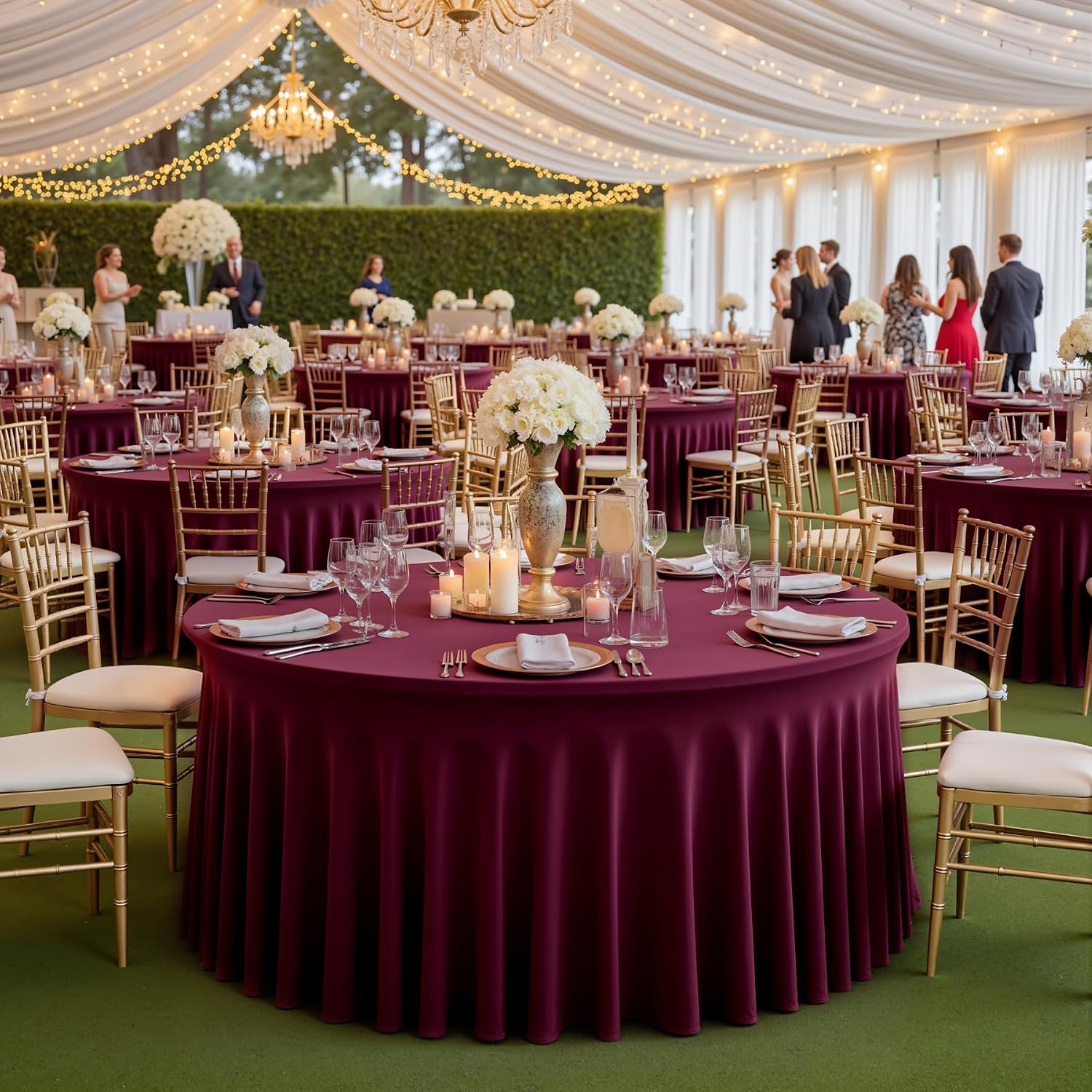 6 pk Burgundy Round Spandex Tablecloths 60 in with Ruffled Skirt,Wrinkle Free High-Stretch 120 inch Table Cloth Round Fitted 5ft Tables Maroon Spandex Table Covers 5ft for Wedding Banquet Party