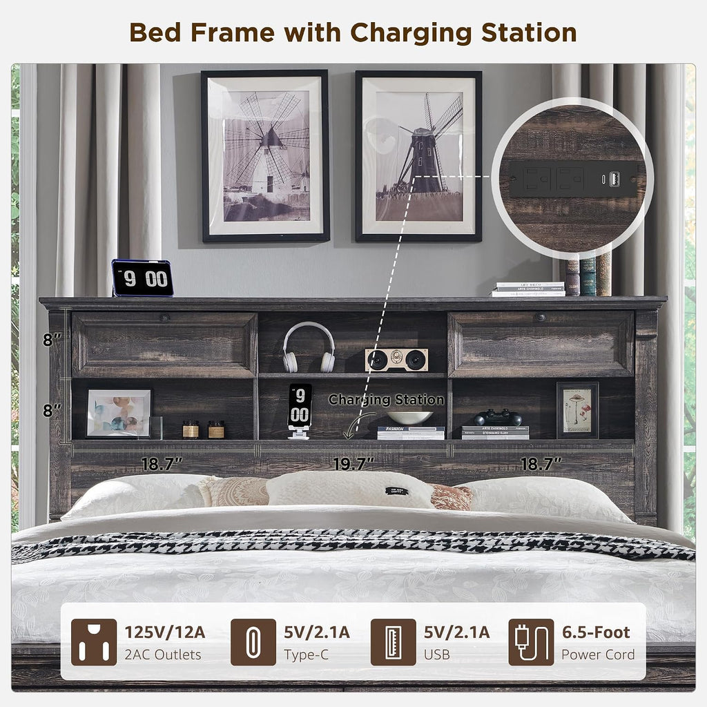 Farmhouse Queen Size Bed Frame with 54' Tall Headboard, Headboard with 4 Storage Rack, 2 Drawers, 18' Roman Column Decoration Footboard, Wood Platform Bed Frame, No Box Spring Needed(Dark Rustic Oak)