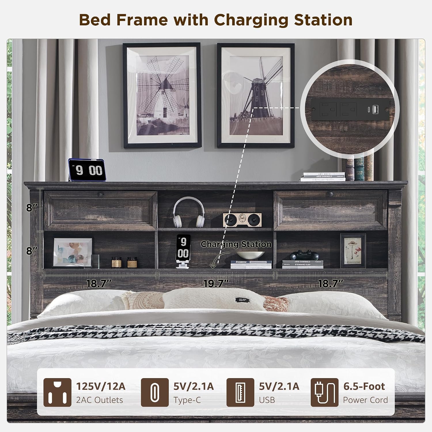 Farmhouse Queen Size Bed Frame with 54' Tall Headboard, Headboard with 4 Storage Rack, 2 Drawers, 18' Roman Column Decoration Footboard, Wood Platform Bed Frame, No Box Spring Needed(Dark Rustic Oak)