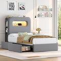 HOSTACK Twin LED Bed Frame with Storage Headboard and Charging Station, Boys Bed Frame with 2 Drawers and USB Ports, Velvet Upholstered Platform Bed Frame with Bookcase, No Box Spring Needed, Grey