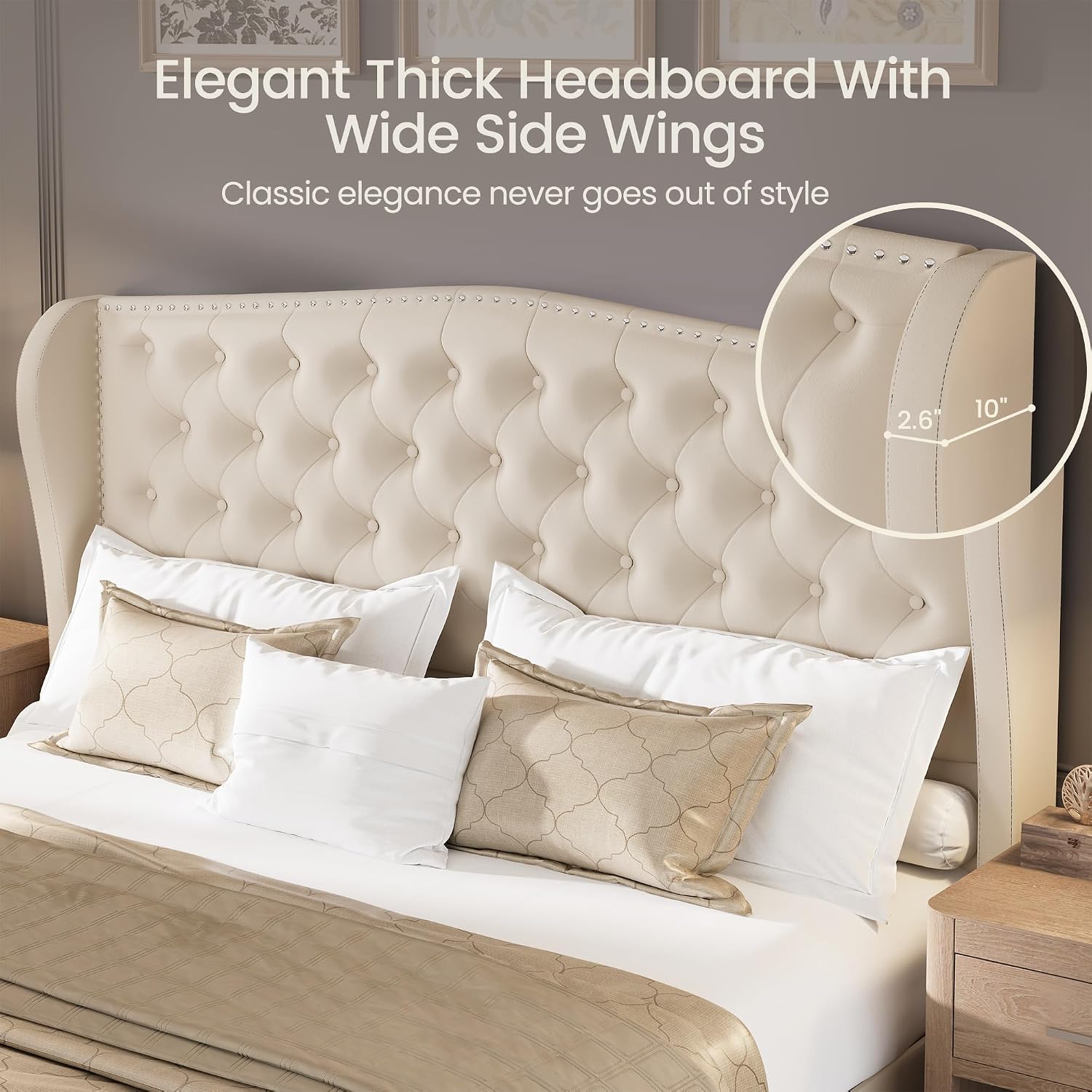 LARMACE Queen Size Bed Frame Velvet Upholstered Platform Bed with Wingback Headboard & Footbaord, Deep Button Tufted Bed Frame with Wood Slats Support, No Box Spring Needed, Beige