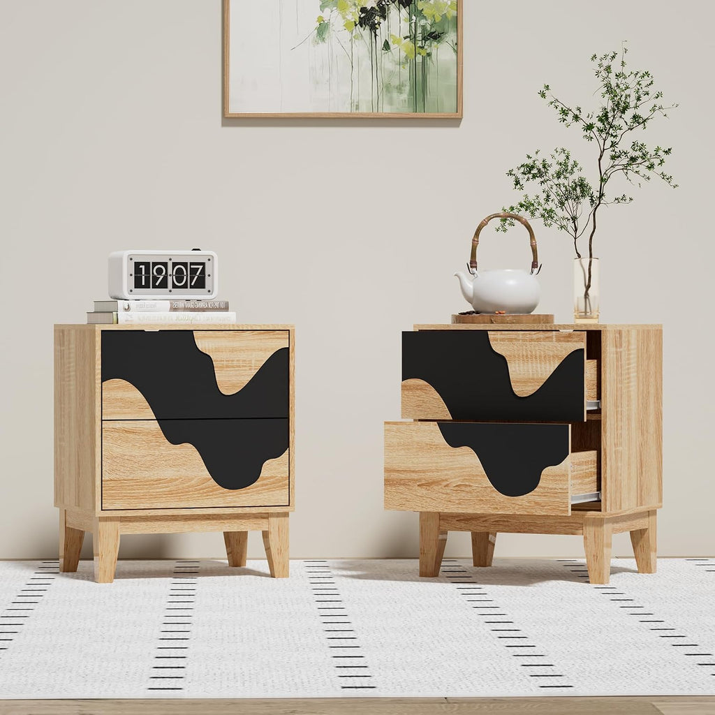 UEV 9-Drawer Dresser & 2 Nightstands Set - 3 Piece Modern Bedroom Furniture Set, 63' Wide Wooden Chest of Drawers with Flowing Water Pattern,2-Drawer Night Stands for Bedroom (Natural/Black