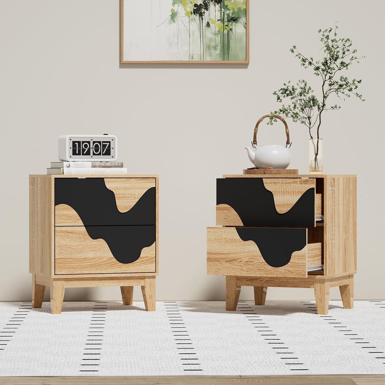 UEV 9-Drawer Dresser & 2 Nightstands Set - 3 Piece Modern Bedroom Furniture Set, 63' Wide Wooden Chest of Drawers with Flowing Water Pattern,2-Drawer Night Stands for Bedroom (Natural/Black