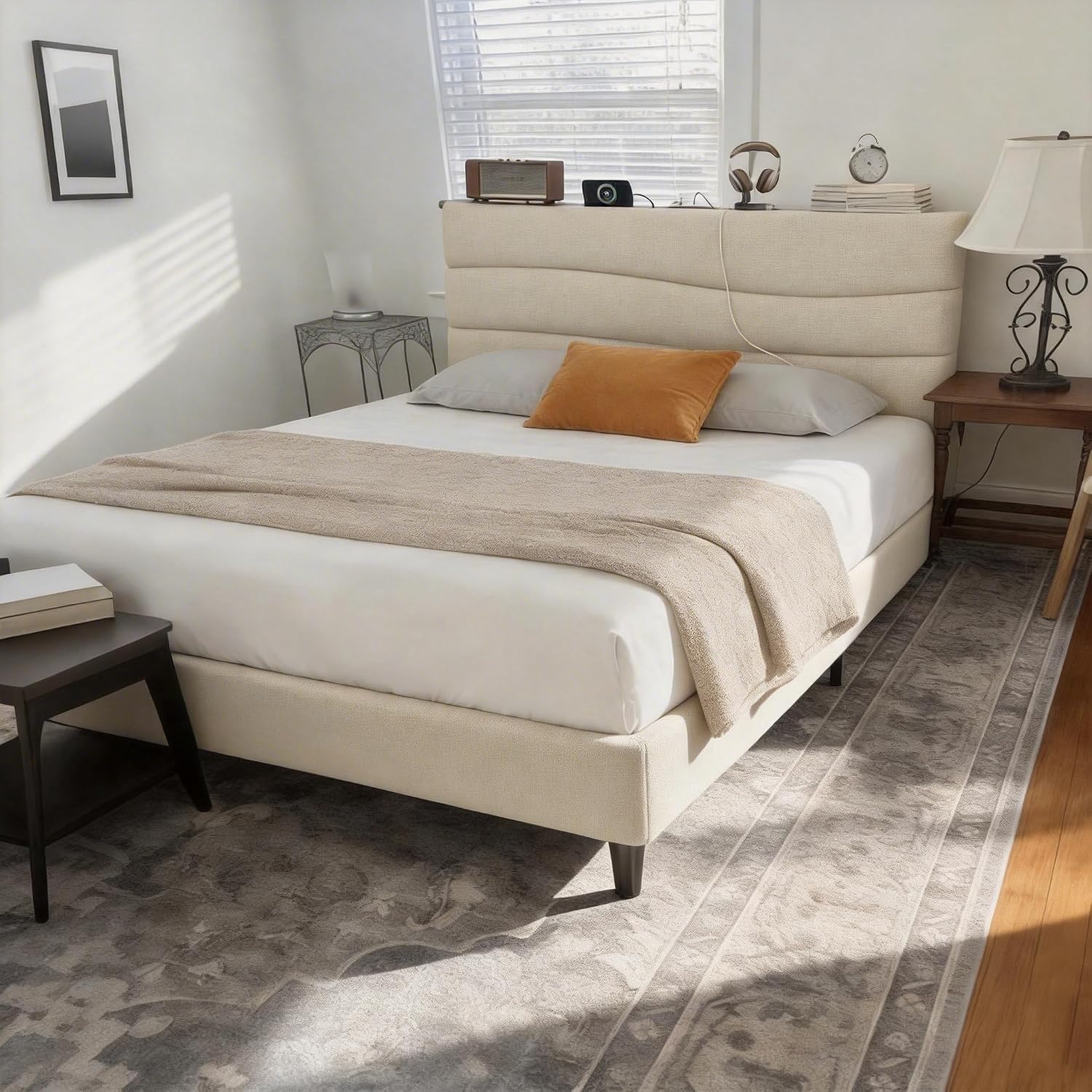 EnHomee Twin Size Bed Frame with Adjustable Height Upholstered Headboard, 3 USB Charging Ports, Noise-Free Platform Bed, No Box Spring Needed, Beige