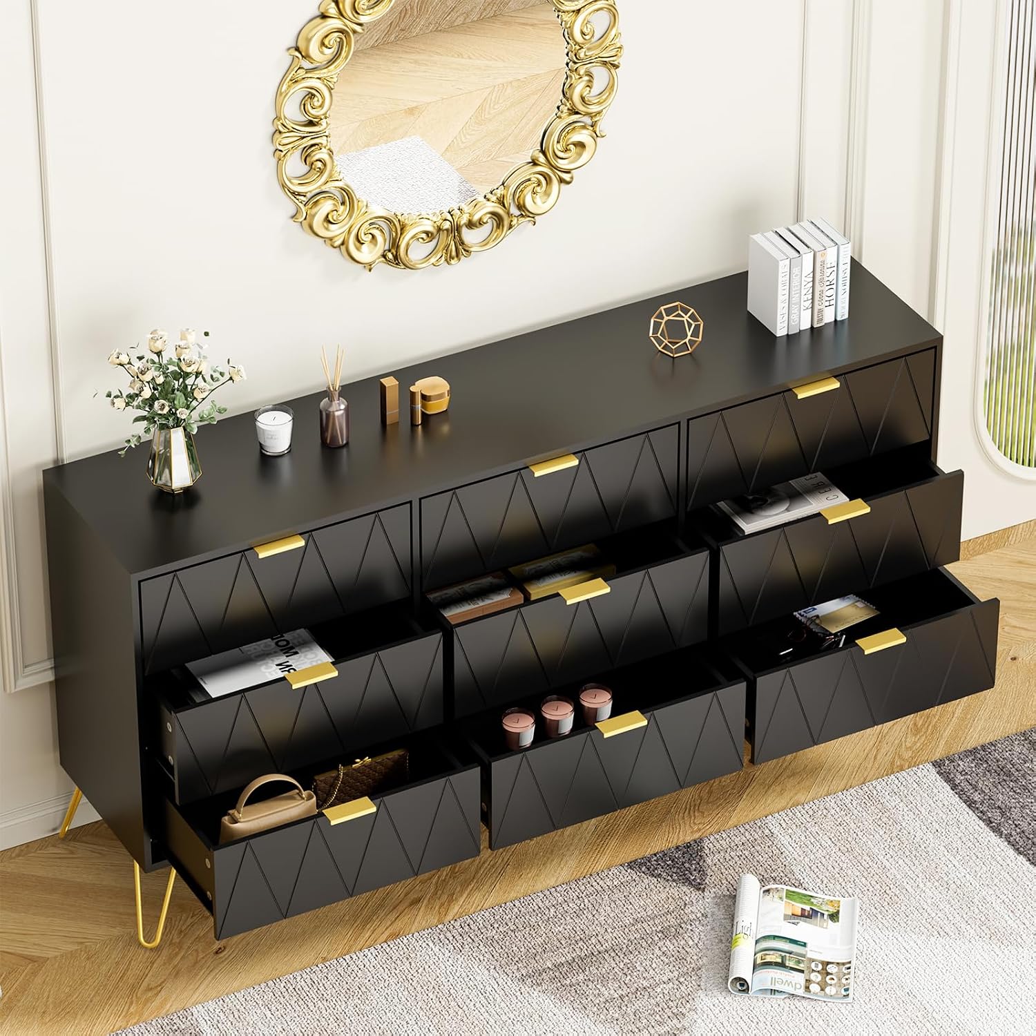 Anbuy Bedroom Sets 3 Piece 9+2+2 Black 9 Drawer Dresser & Nightstands Set of 2 for Bedroom, Two Drawers Nightstand Set of 2 and 9 Drawer Dresser Combo 3 Pieces