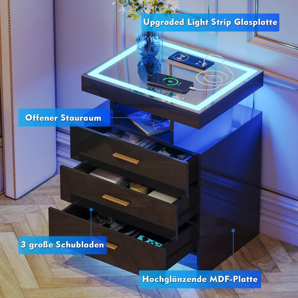 Lvifur LED Nightstand with Wireless Charging Station, Auto Sensor 3 Color Dimmable Night Stand, Modern Bedside Table with 3 Drawers & 3 Open Compartments for Bedroom, Black