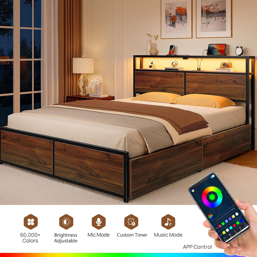 Rolanstar Queen Bed Frame with 4 Storage Drawers, Charging Station and LED Lights, Metal Platform Bed with 2-Tier Storage Headboard, No Box Spring Needed, Easy Assembly, Noise-Free, Walnut