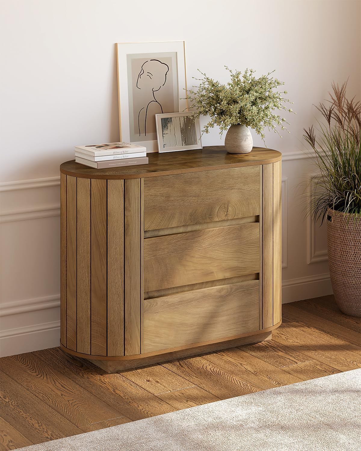 LITTLE TREE Large Nightstand, Oversized Night Stand Set 2, Slatted Side Design Wood Nightstand, 35' Wide End Tables, Modern Dresser with 3 Drawers for Bedroom,Entryway, Oak 2PCS